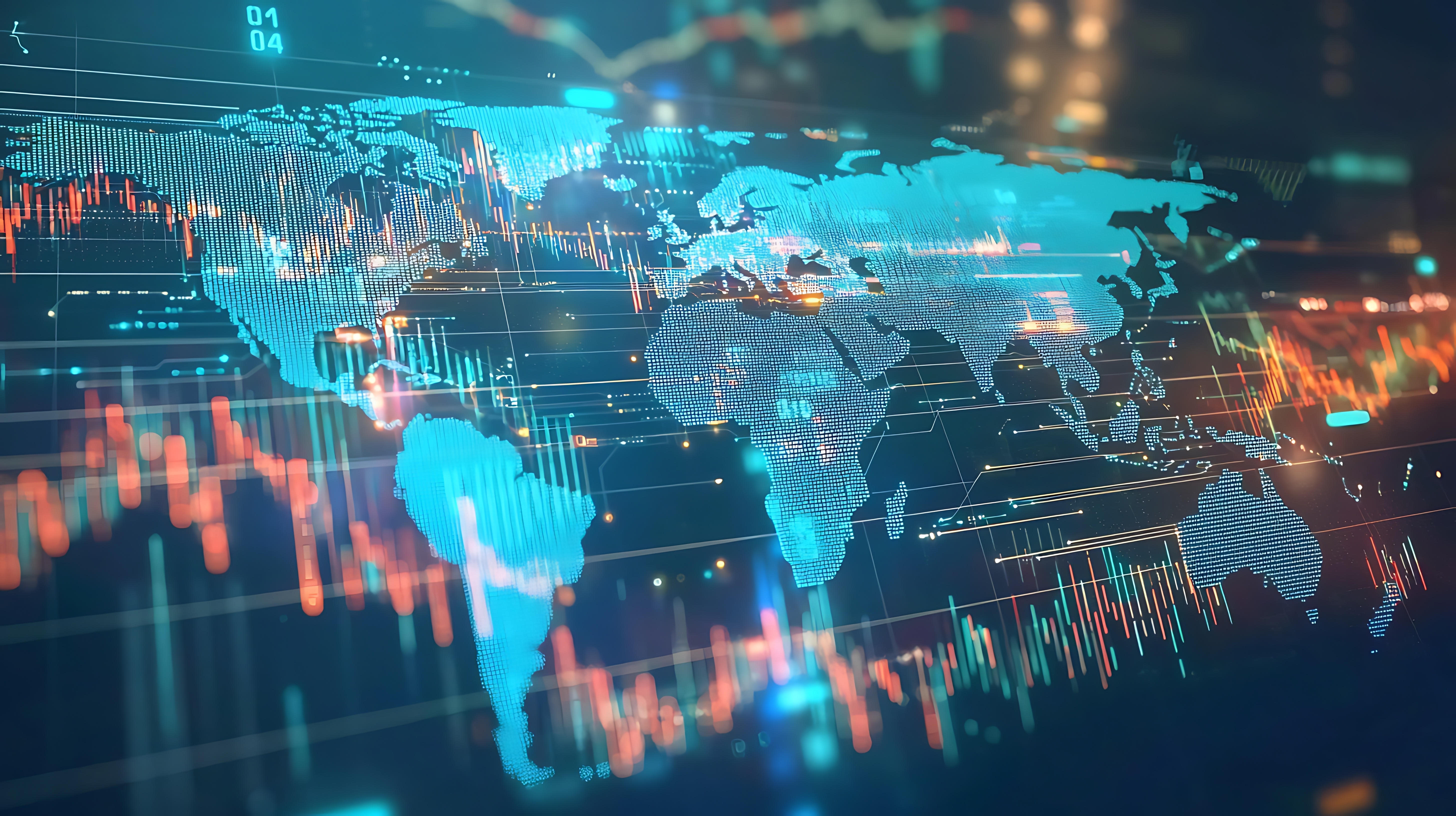 A futuristic world map with financial data points