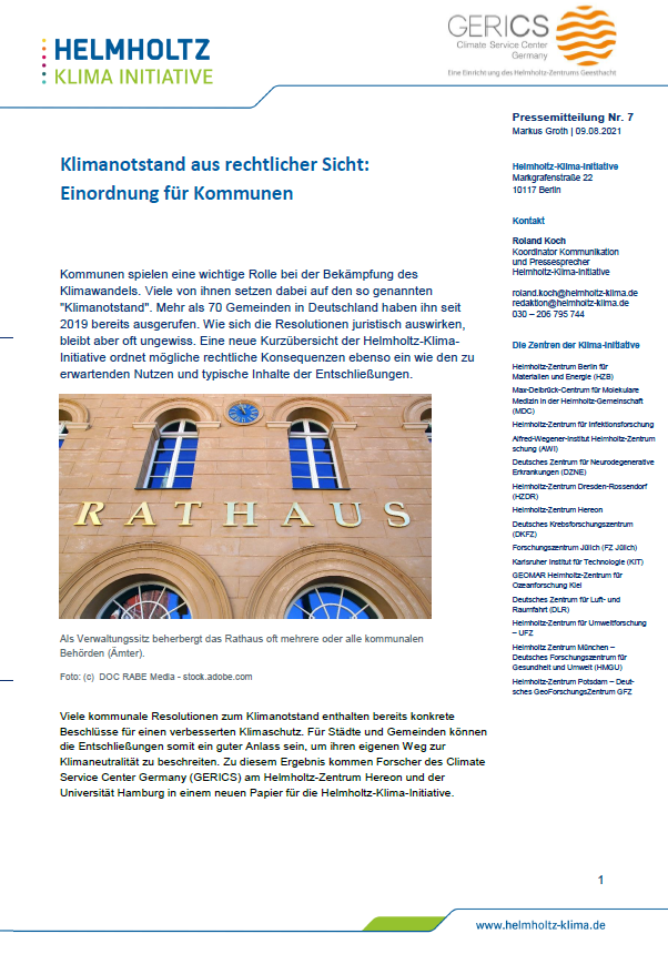 PDF Pressemitteilung "Klimanotstand aus rechtlicher Sicht: Einordnung für Kommunen"