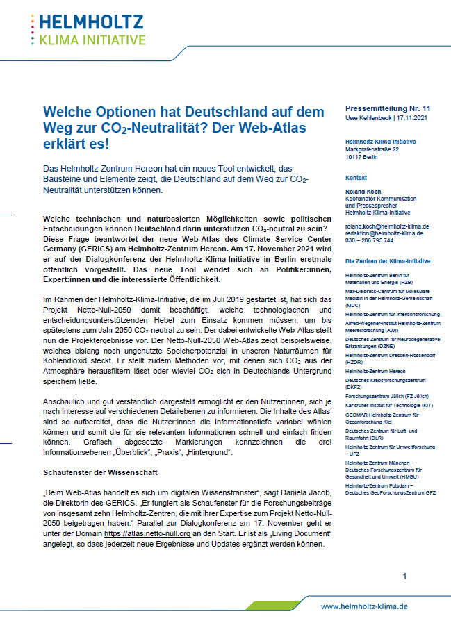 PDF Pressemitteilung "Welche Optionen hat Deutschland auf dem Weg zur CO2-Neutralität? Der Web-Atlas erklärt es!"
