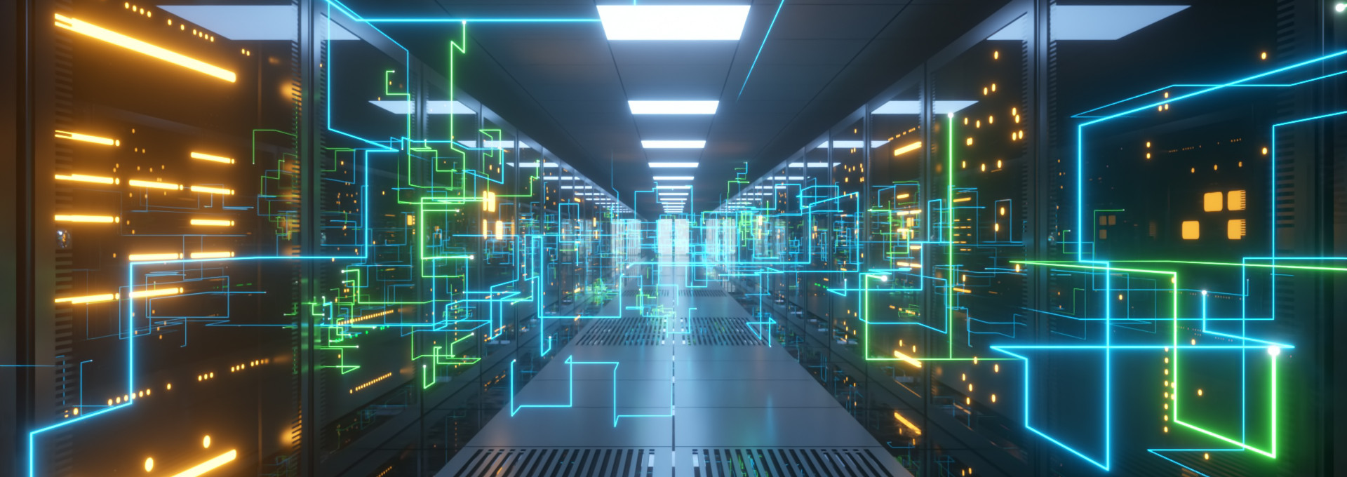 Digitale Informationen werden über Glasfaserkabel durch das Netzwerk und die Datenserver hinter Glasscheiben im Serverraum des Rechenzentrums geleitet. Digitale Hochgeschwindigkeitsleitungen 3d Illustration.