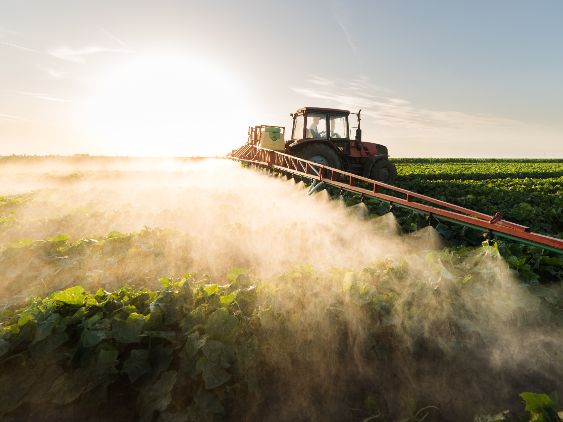 A machine applies fertilizer on a field.