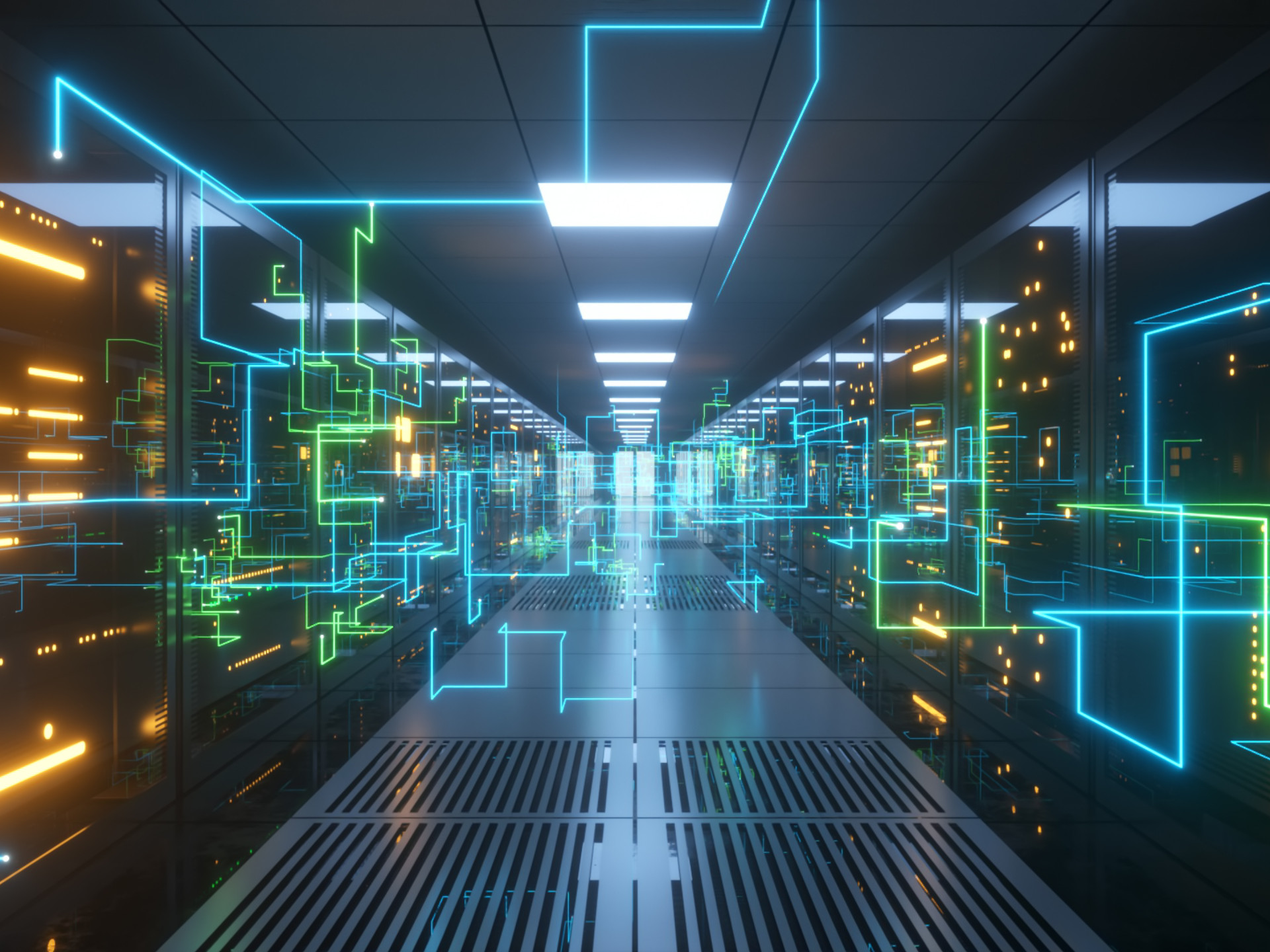 Digitale Informationen werden über Glasfaserkabel durch das Netzwerk und die Datenserver hinter Glasscheiben im Serverraum des Rechenzentrums geleitet. Digitale Hochgeschwindigkeitsleitungen 3d Illustration.