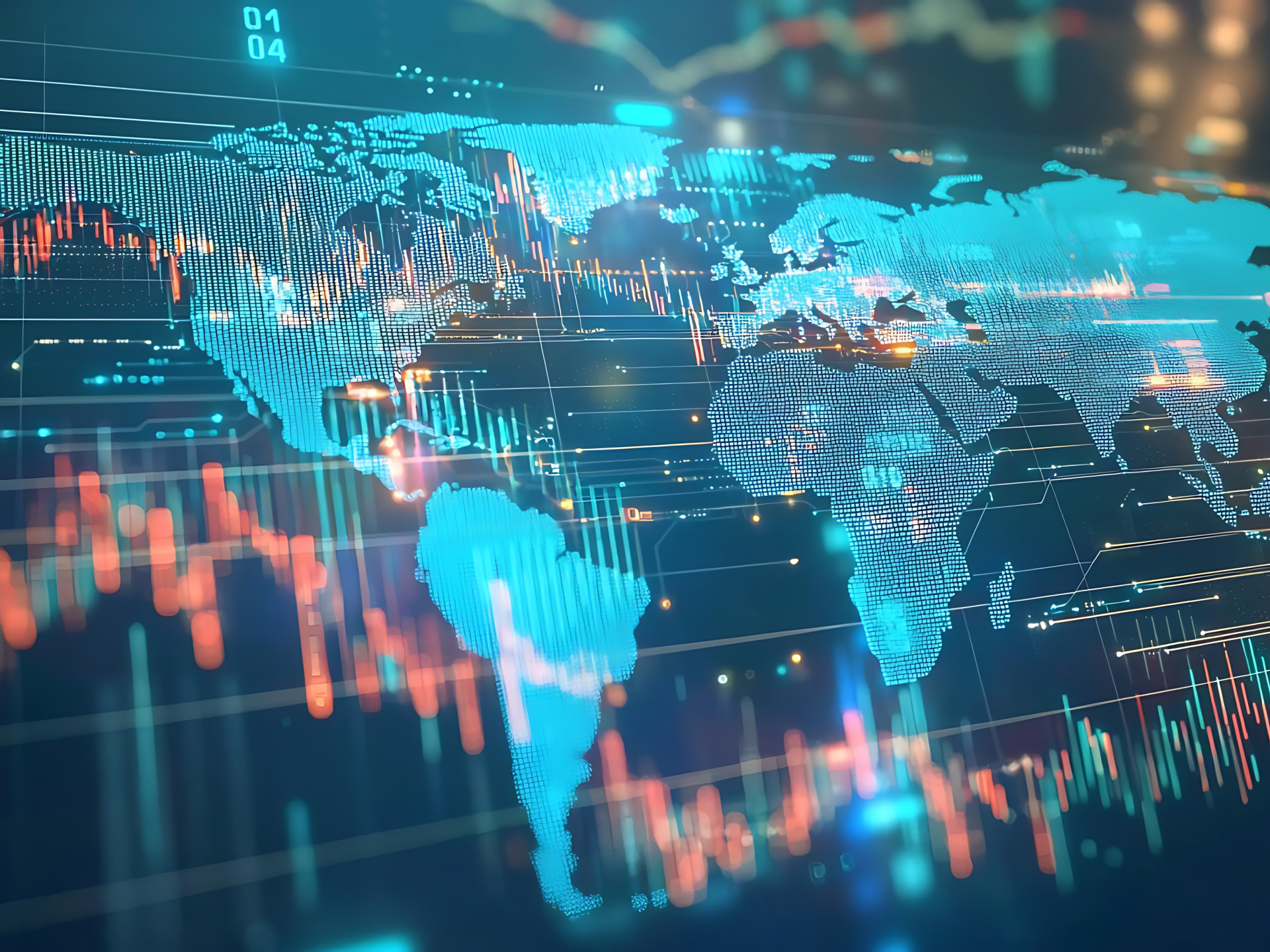 A futuristic world map with financial data points
