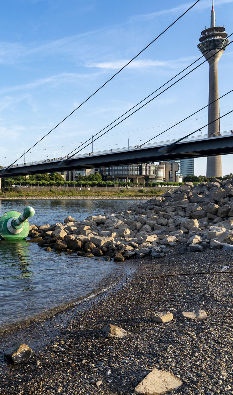 Rhein bei Düsseldorf, extremes Niedrigwasser unter Brücke, ein Frachtschiff passiert den Fluss. (2022)