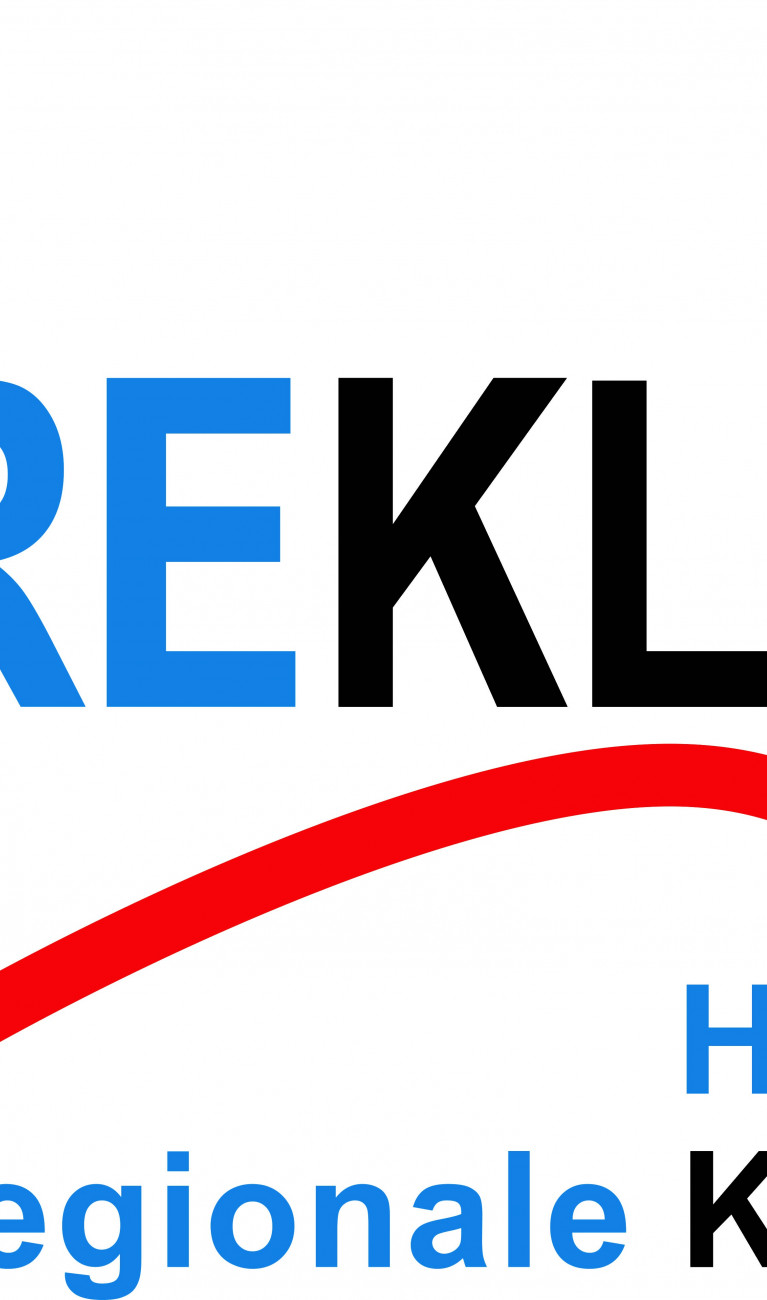 Das Logo von REKLIM, Blaue Schrift mit einem Roten Pfeil, der in einer Kurve nach oben zeigt