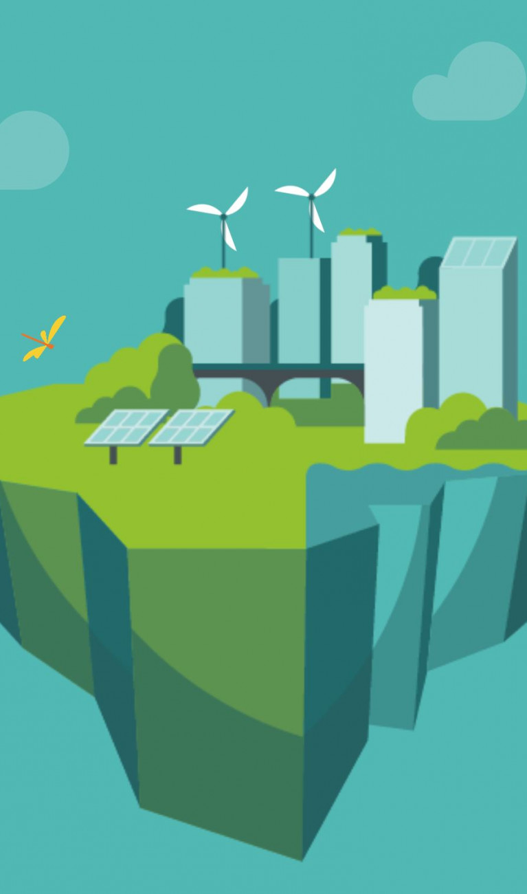 Illustration einer Stadt mit Windrädern und Solarpaneln auf einer schwebenden Insel