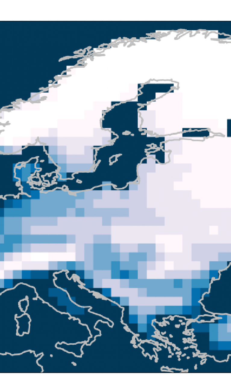 Map of Europe showing likelihoods of snow on the three days of Dec 24, 25 and 26, under a +1°C scenario (1985-2014)