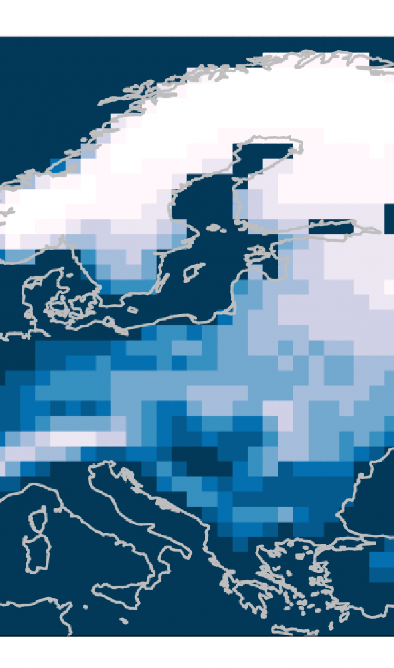 Map of Europe showing likelihoods of snow on the three days of Dec 24, 25 and 26, under a +3°C scenario (2048-2077)
