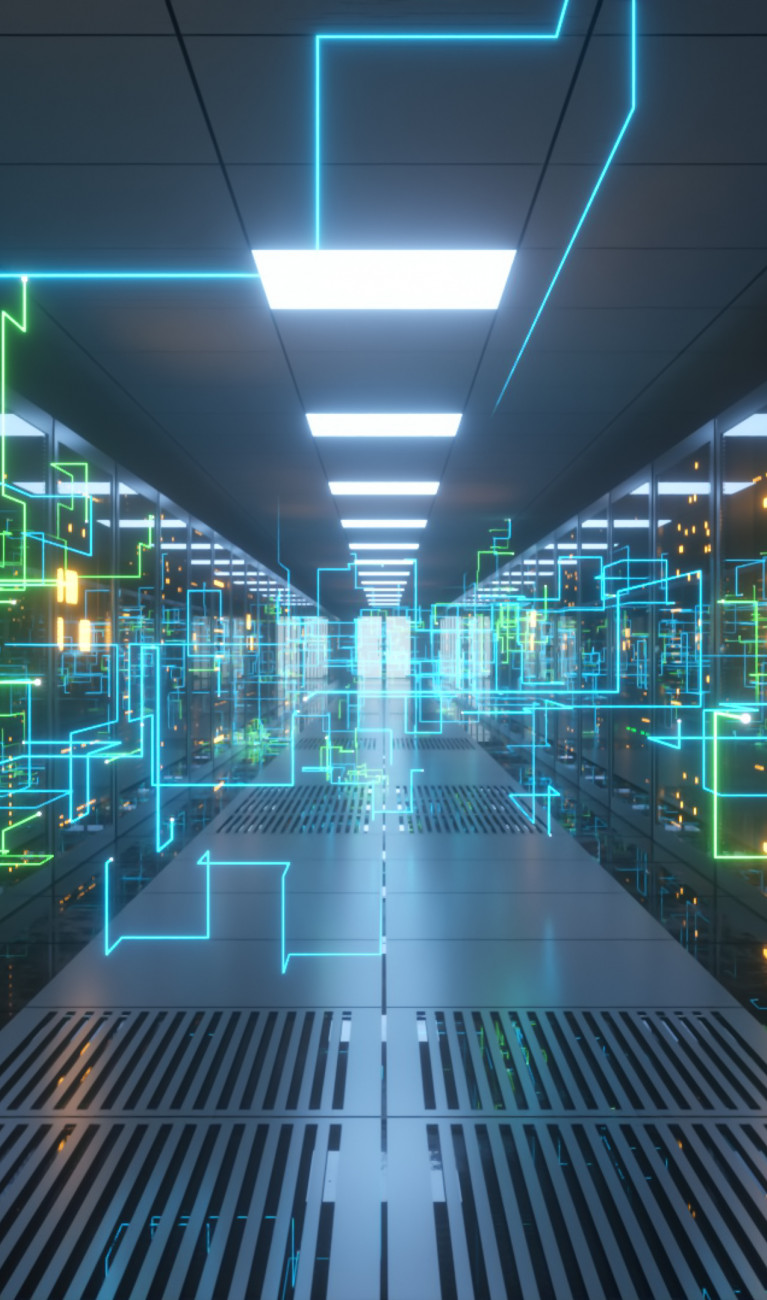 Digitale Informationen werden über Glasfaserkabel durch das Netzwerk und die Datenserver hinter Glasscheiben im Serverraum des Rechenzentrums geleitet. Digitale Hochgeschwindigkeitsleitungen 3d Illustration.