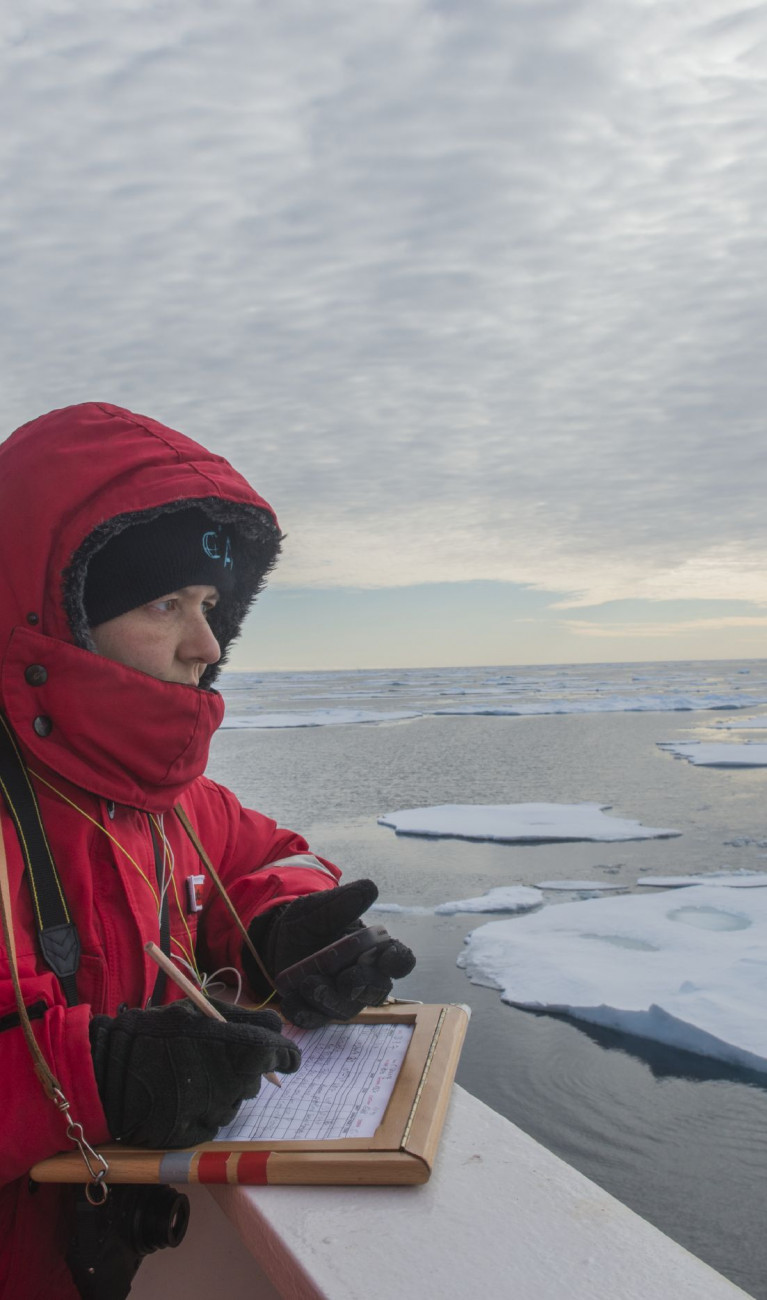 Wissenschaftlerin Melanie Bergmann in roter Jacke und mit Notizblock und Stift an der Reeling eines Schiffs. Auf dem Meer schwimmen Eisschollen