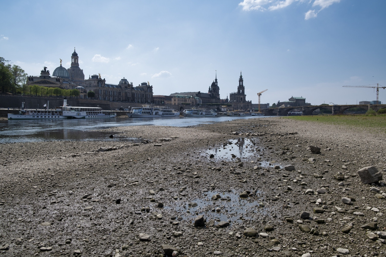 Trockenes Flussbett der Elbe in der Dresdener Altstadt