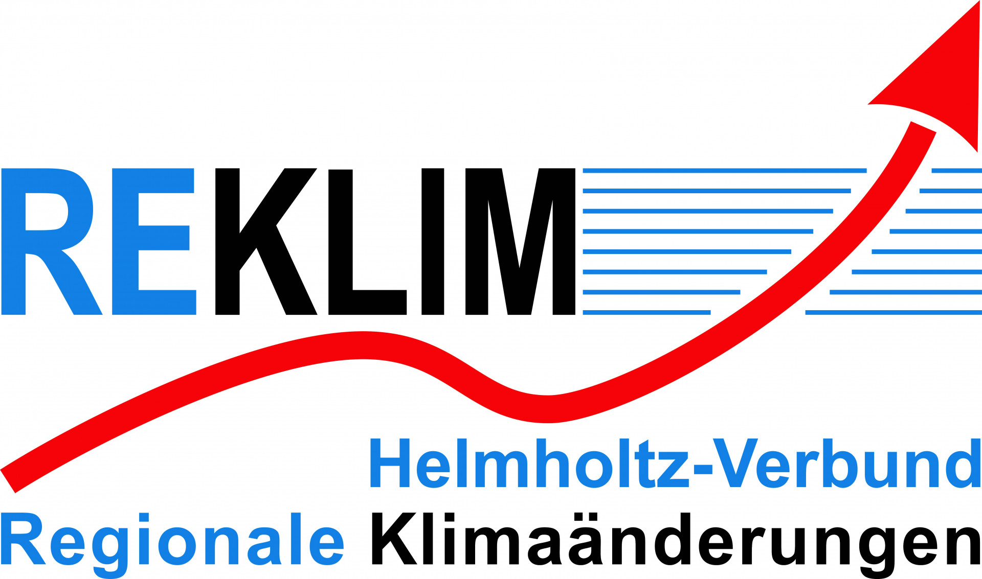 Das Logo von REKLIM, Blaue Schrift mit einem Roten Pfeil, der in einer Kurve nach oben zeigt