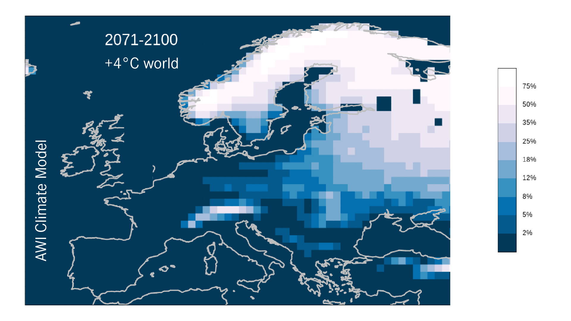 Map of Europe showing likelihoods of snow on the three days of Dec 24, 25 and 26, under a +4°C scenario (2071-2100)