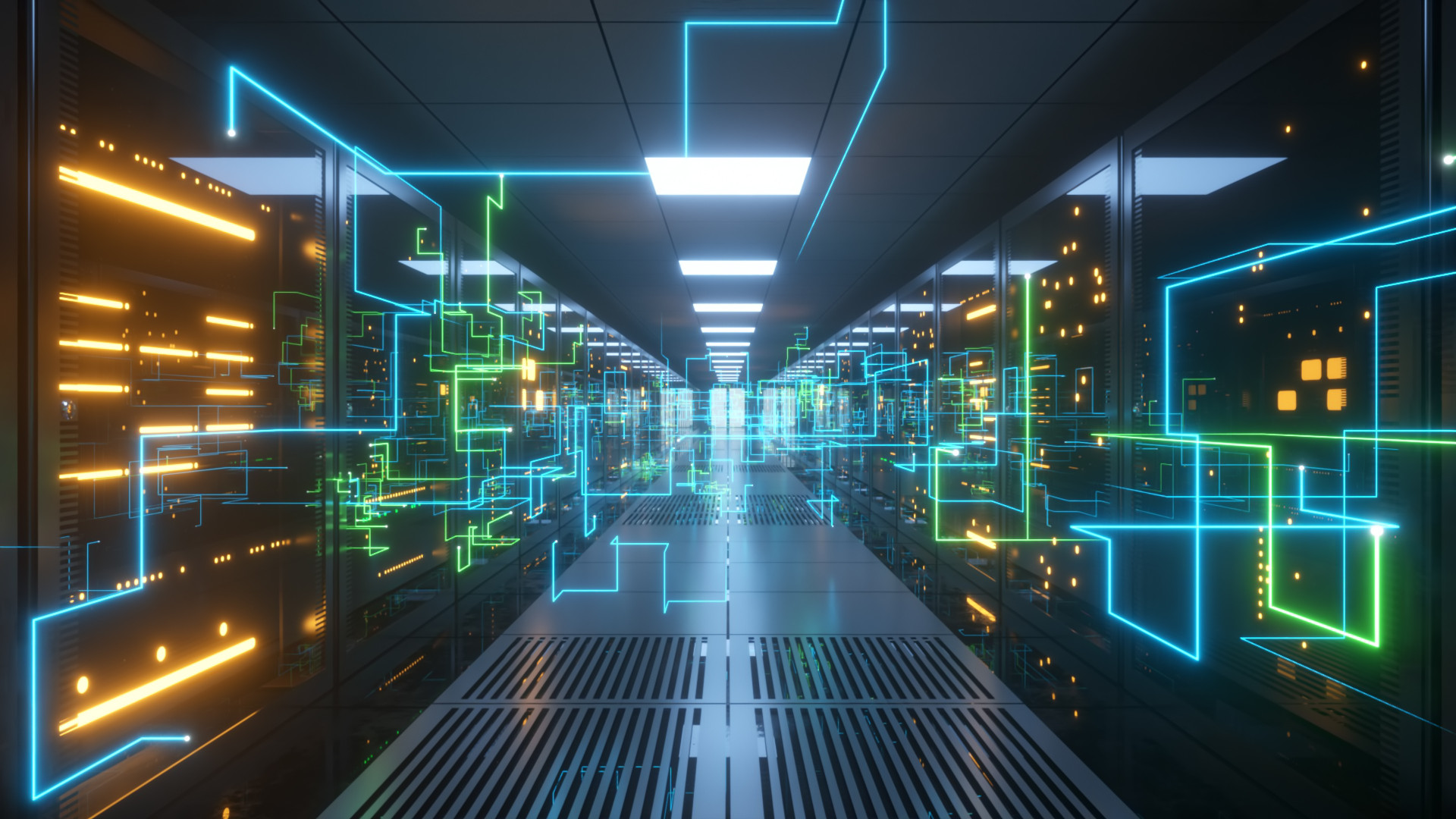 Digitale Informationen werden über Glasfaserkabel durch das Netzwerk und die Datenserver hinter Glasscheiben im Serverraum des Rechenzentrums geleitet. Digitale Hochgeschwindigkeitsleitungen 3d Illustration.