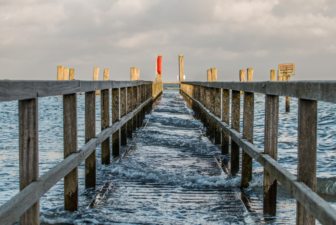 A flooded pier on the Baltic Sea