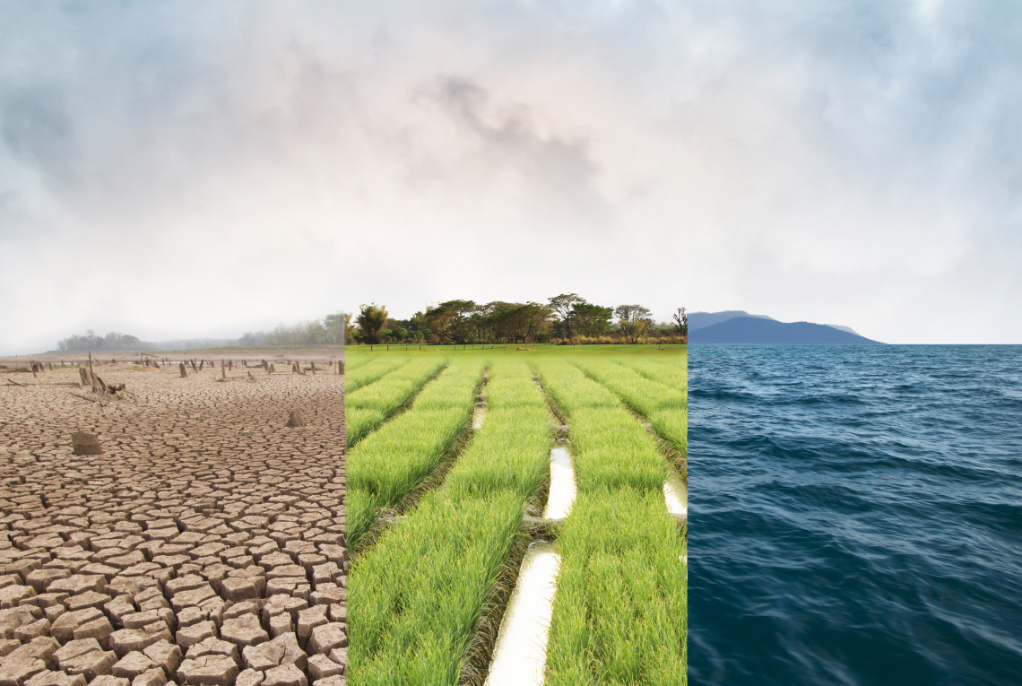 Klimawandel, Bildvergleich mit Dürre, Grünes Feld und Ozean-Metapher Naturkatastrophe, Weltklima und Umwelt, Ökologie-System