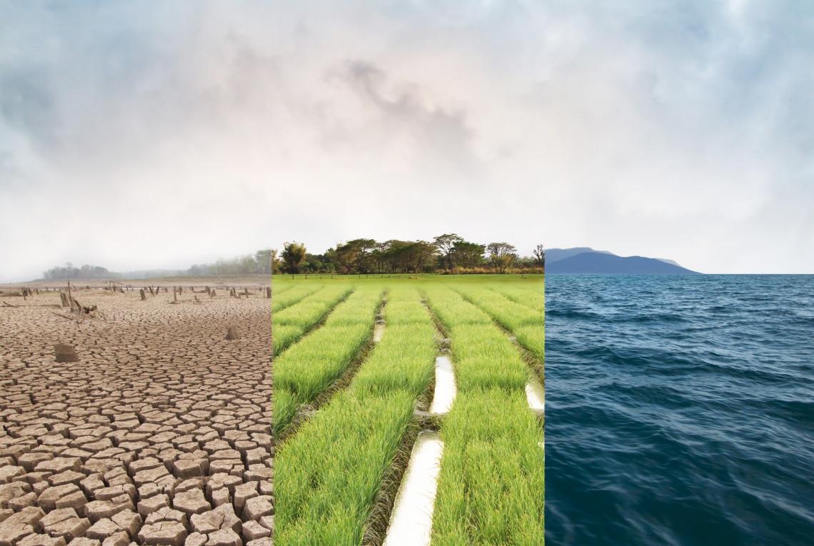 Climate change, image comparison with drought, green field and ocean metaphor natural disaster, world climate and environment, ecology system
