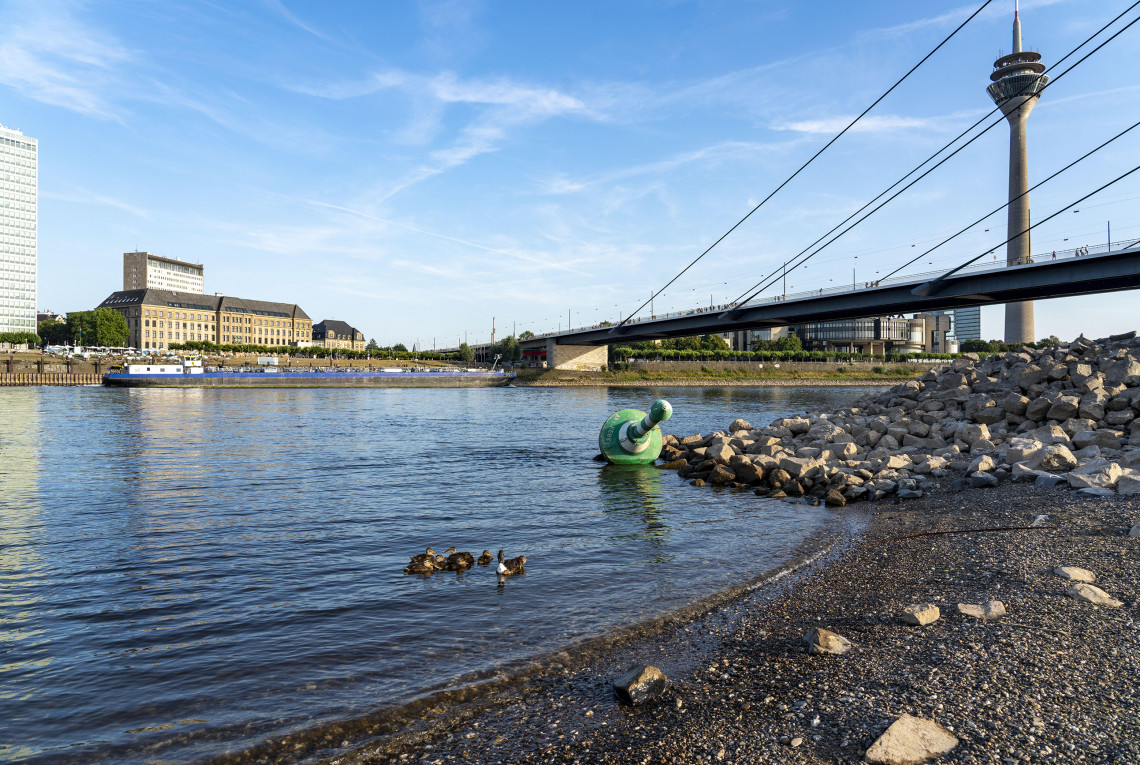 Rhein bei Düsseldorf, extremes Niedrigwasser unter Brücke, ein Frachtschiff passiert den Fluss. (2022)