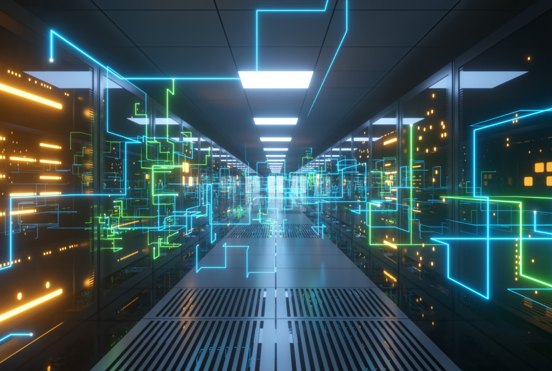 Digitale Informationen werden über Glasfaserkabel durch das Netzwerk und die Datenserver hinter Glasscheiben im Serverraum des Rechenzentrums geleitet. Digitale Hochgeschwindigkeitsleitungen 3d Illustration.